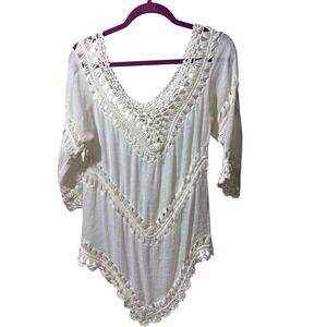 India Boutique White Crochet Boho Lace Tunic Coverup One Size Women V-Neck Gauze